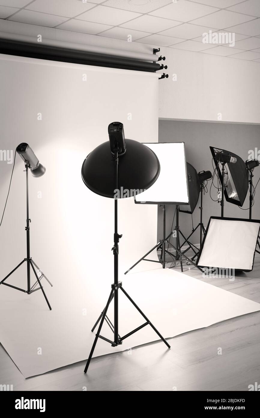 Professional photo studio with lighting equipment Stock Photo Alamy