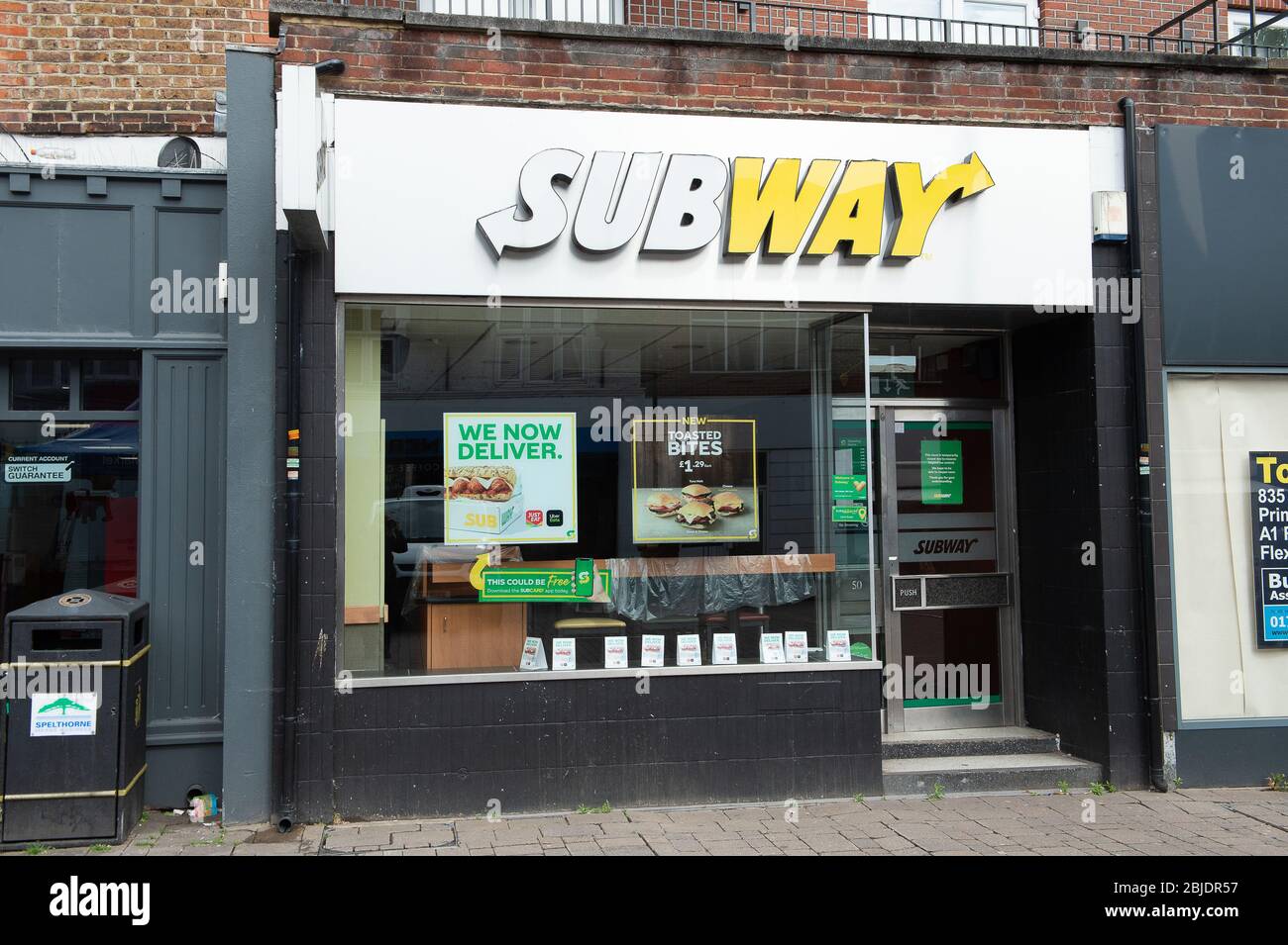 Staines-upon-Thames, Surrey, UK. 29th April, 2020. Shoppers were out on market day in Staines today getting their essential food shopping and going to the bank. Many of the shops and restaurants remain temporarily closed during the Coronavirus Pandemic Lockdown including the Subway sandwich bar. Credit: Maureen McLean/Alamy Stock Photo
