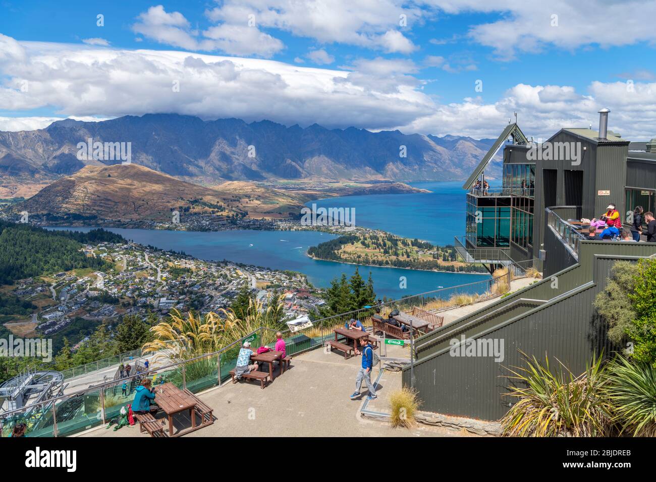 View over the city and Lake Wakatipu from the top of the Skyline Gondola, Bob's Peak, Queenstown, New Zealand Stock Photo