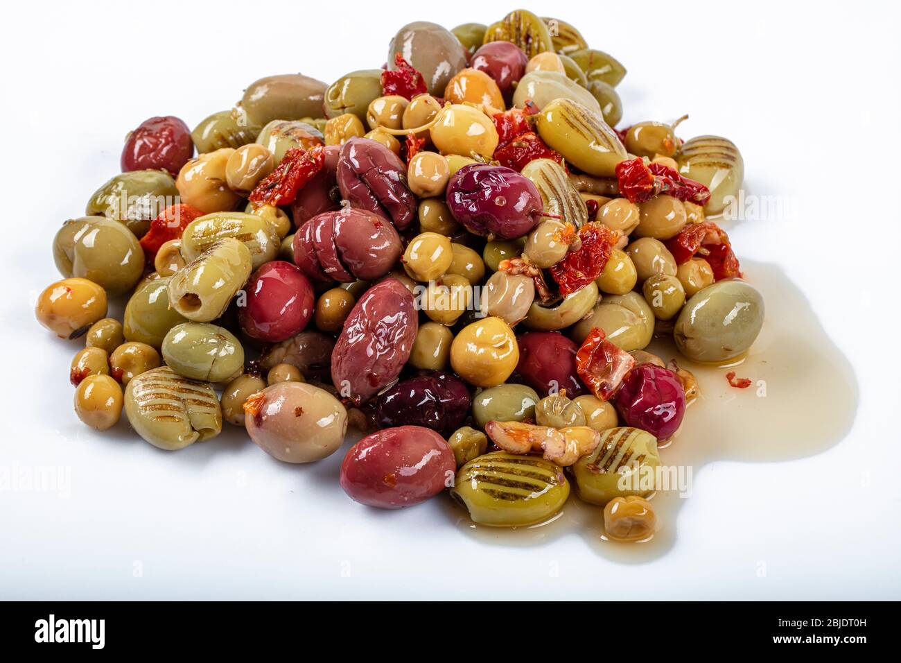 Mix of black olives, beet olives, green olives stuffed with red pepper