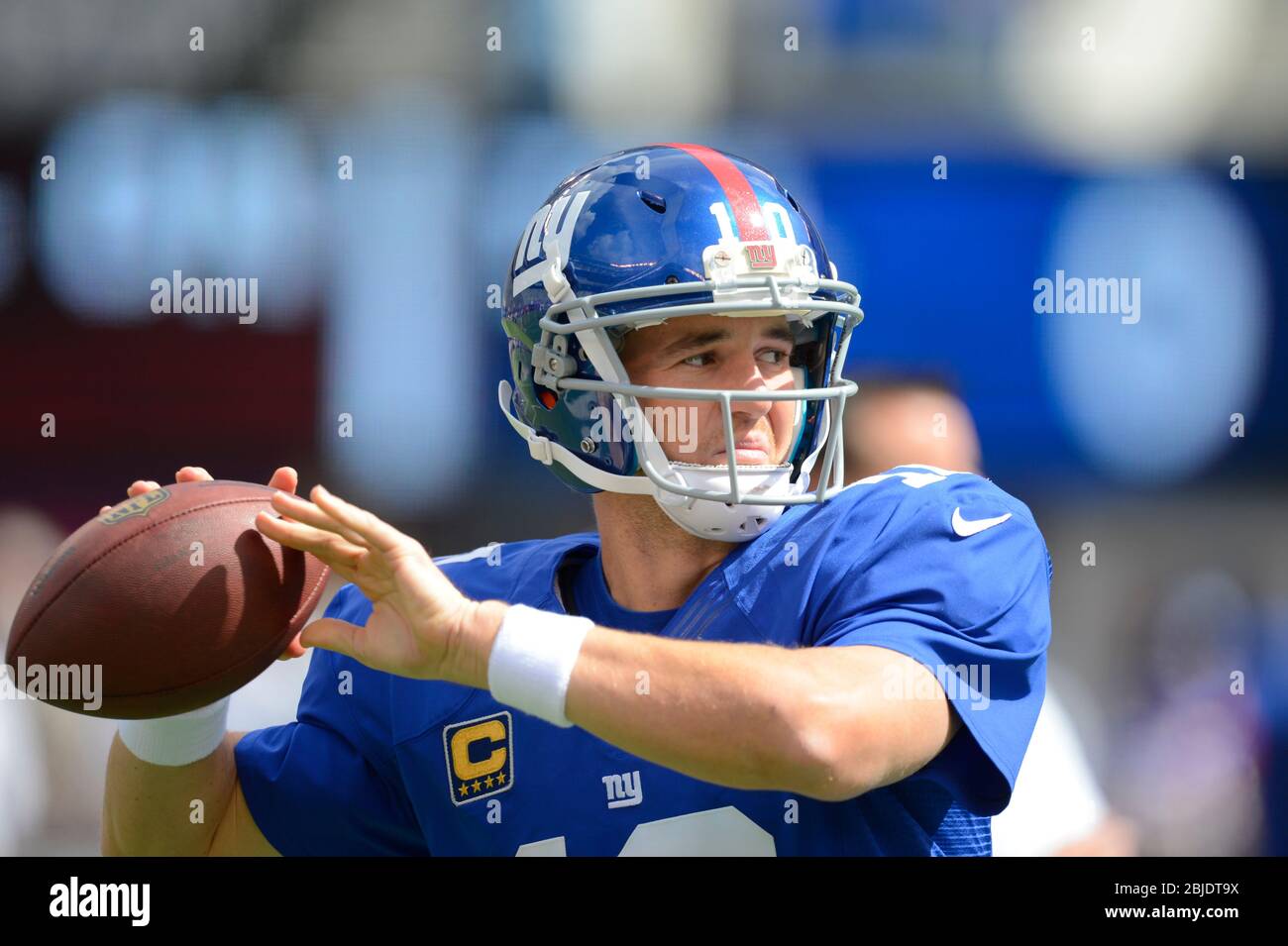 16 September 2012: New York Giants quarterback Eli Manning (10) warms up before the start of a week 2 NFL NFC matchup between the Tampa Bay Buccaneers Stock Photo