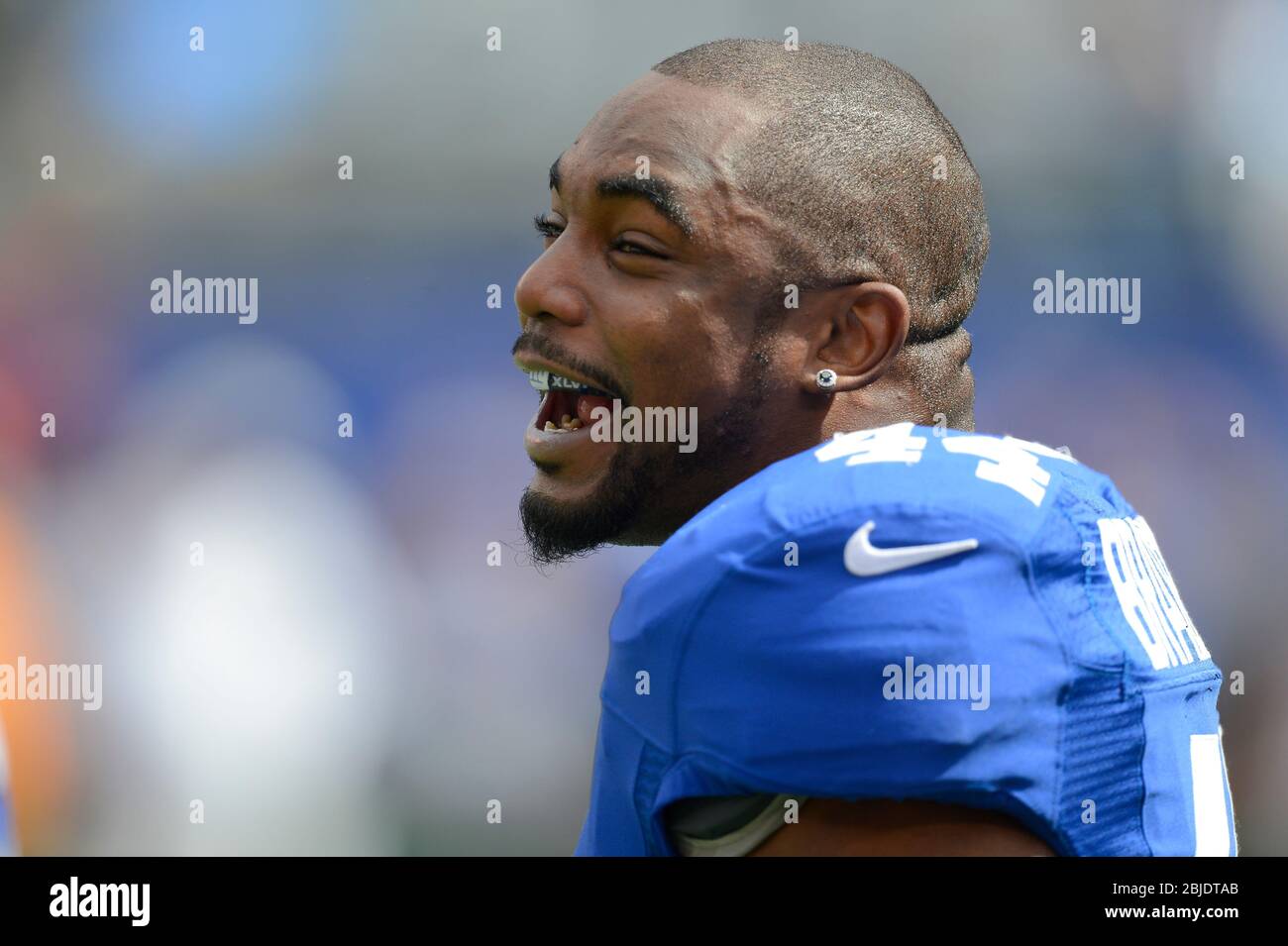16 September 2012: New York Giants running back Ahmad Bradshaw (44) warms up before the start of a week 2 NFL NFC matchup between the Tampa Bay Buccan Stock Photo