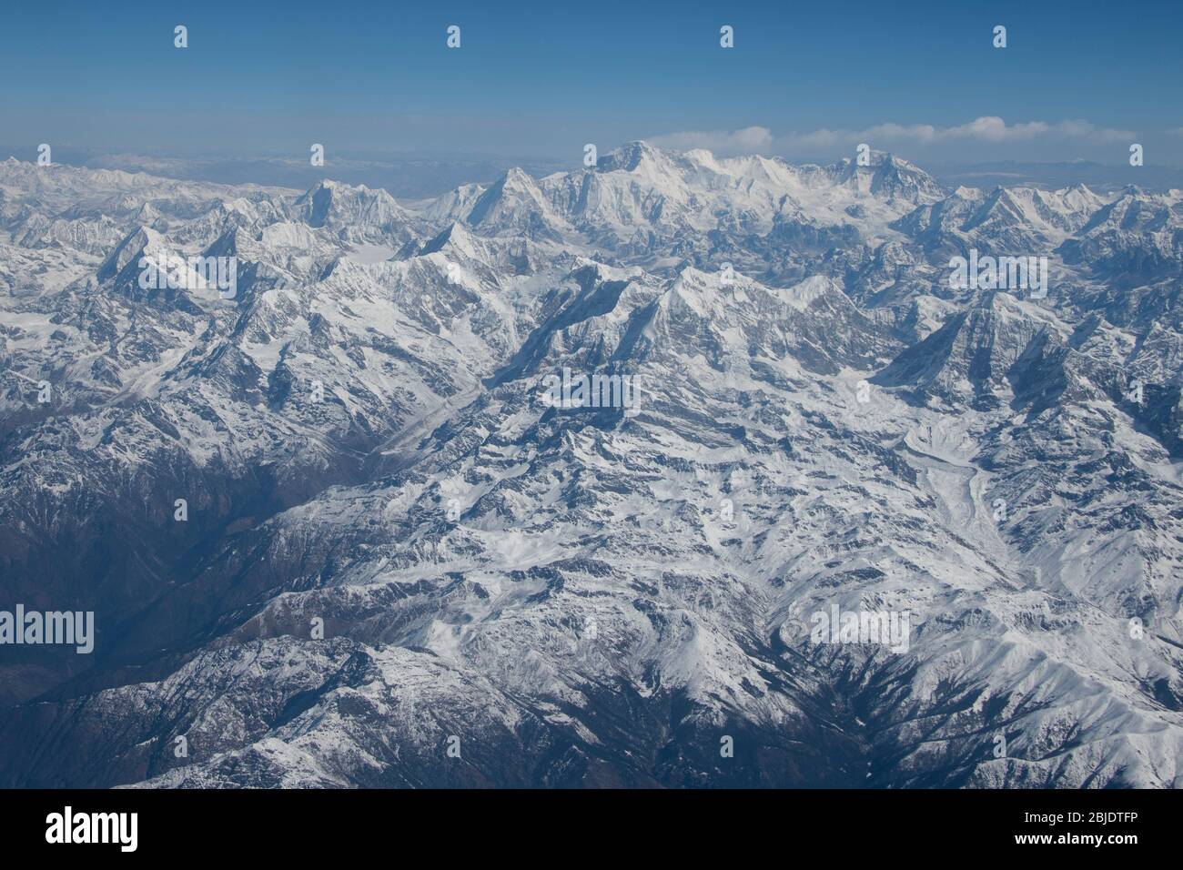 Nepal, flying over the Himalayas near Katmandu. Stock Photo