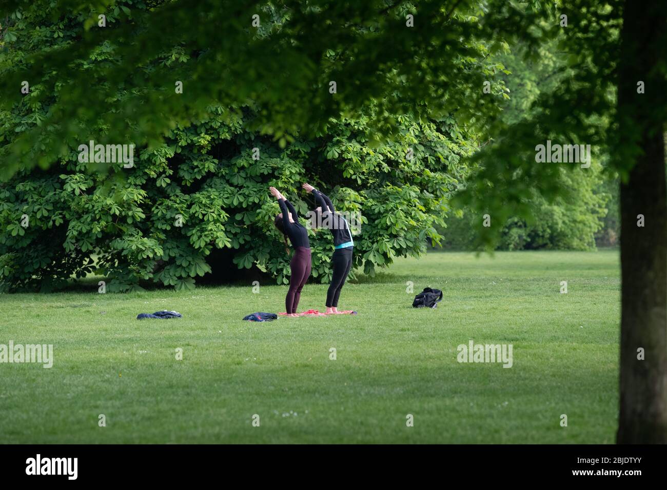 Friends practicing yoga in Kensington Gardens in London Lockdown Stock Photo