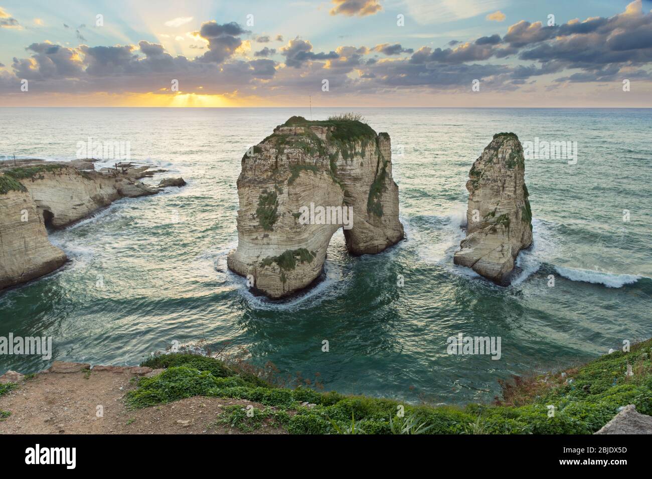 Pigeon rock at sunset, Raouche, Beirut, Lebanon Stock Photo