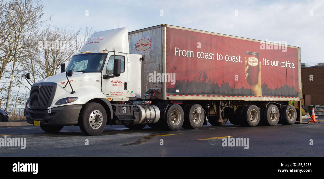 Truro, Canada - April 29, 2020: Tim Hortons delivery truck. Tim Hortons is a Canadian restaurant chain known for its coffee and doughnuts. Stock Photo