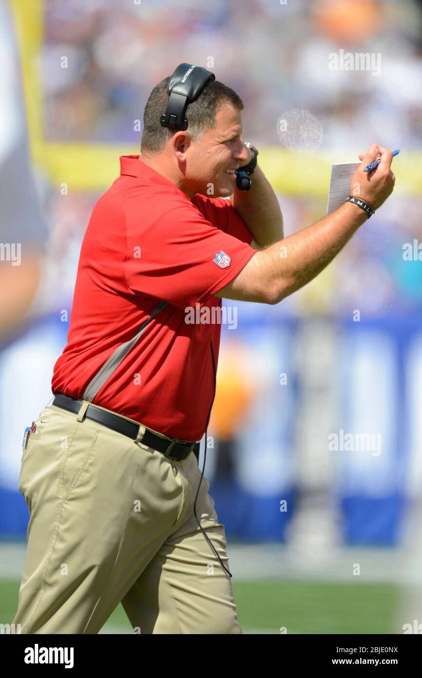16 September 2012: Tampa Bay Buccaneers head coach Greg Schiano during a week 2 NFL NFC matchup between the Tampa Bay Buccaneers and New York Giants a Stock Photo