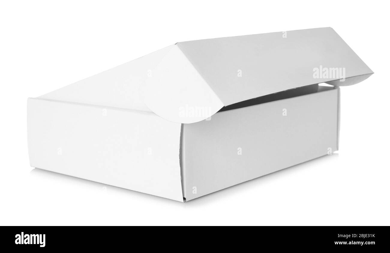 Open cardboard box on white background Stock Photo - Alamy