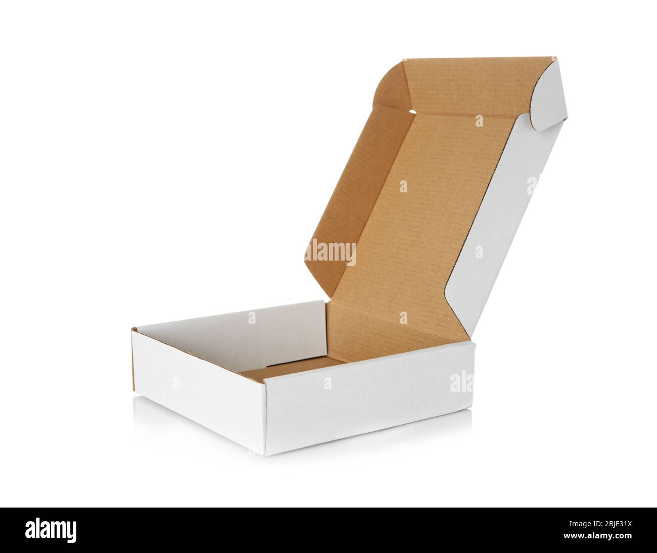 Open cardboard box on white background Stock Photo - Alamy