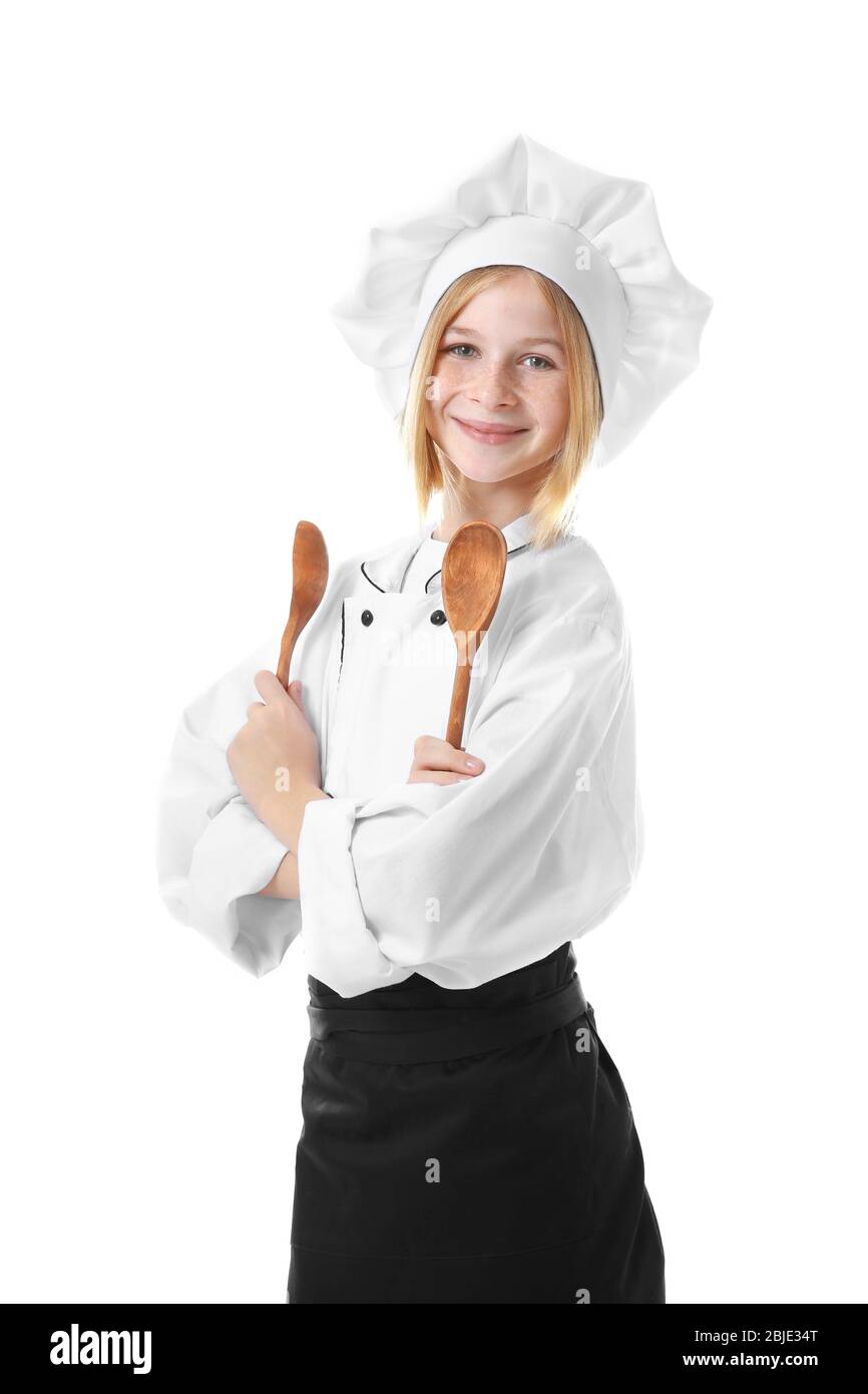 Cute girl in chef uniform on white background Stock Photo - Alamy