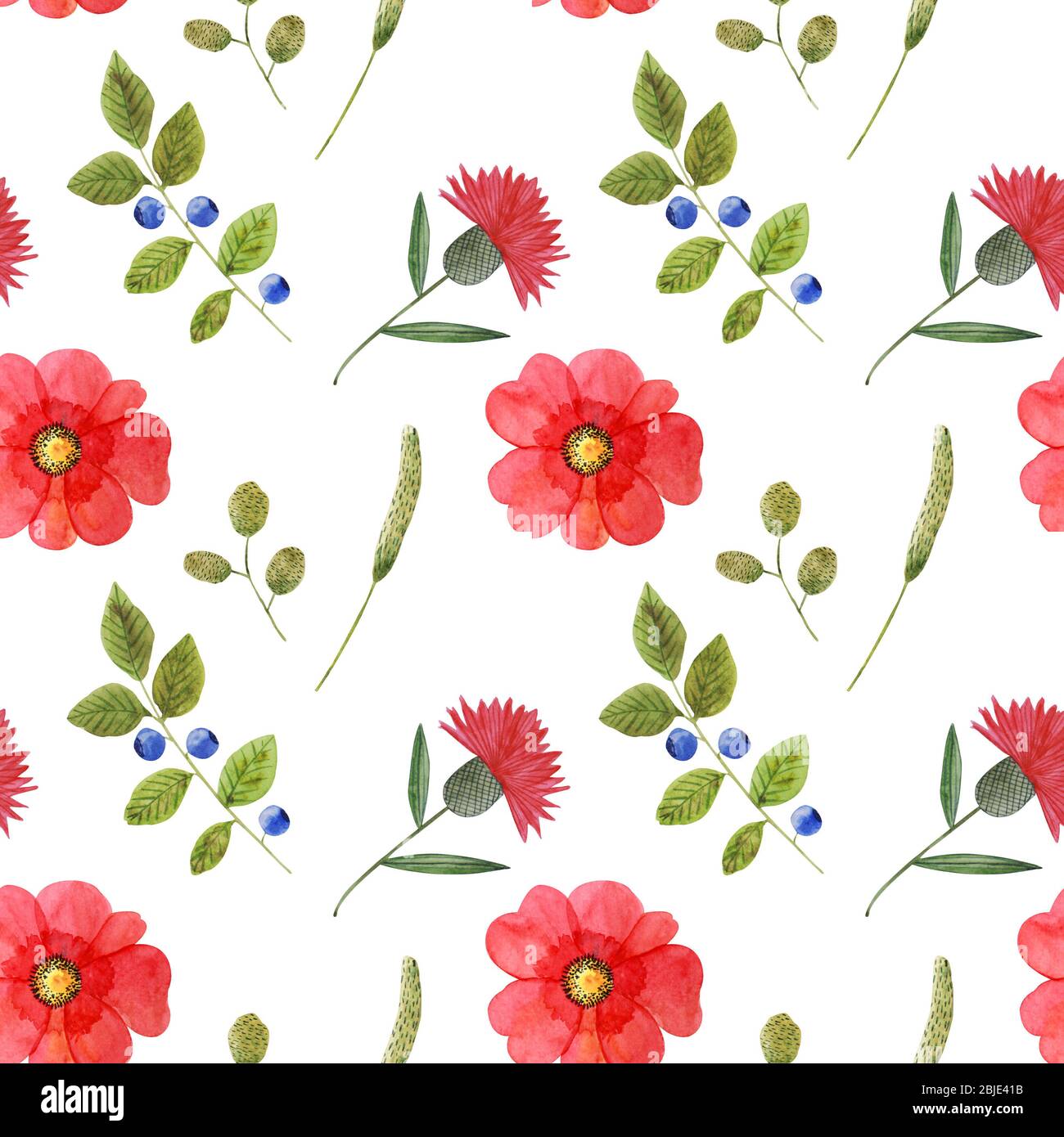 Colorful seamless pattern with watercolor meadow flowers and herbs on ...