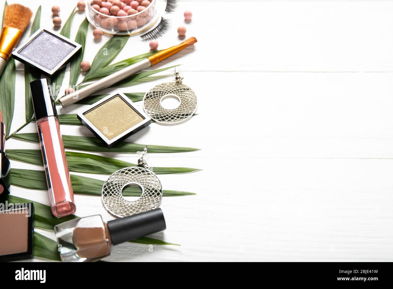 Set of decorative cosmetics on a light background. Place for text Stock Photo