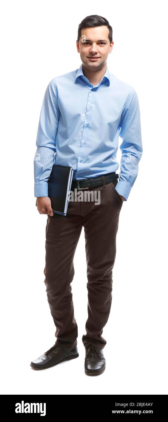 Handsome young teacher on white background Stock Photo - Alamy