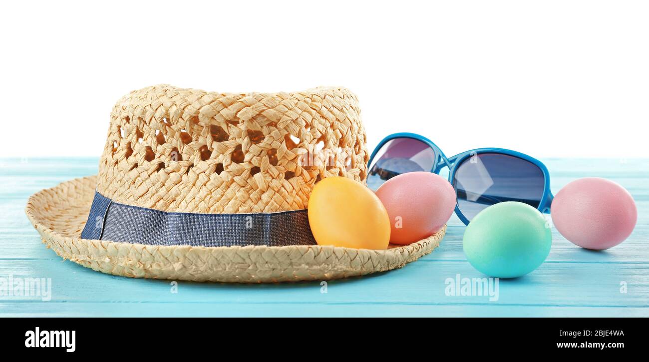 Easter eggs with hat, on white background Stock Photo