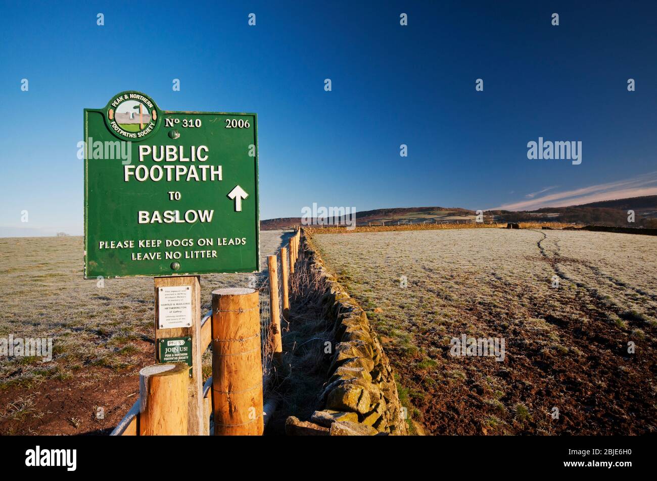 Public footpath sign en route to Baslow in the Peak District National Park Stock Photo
