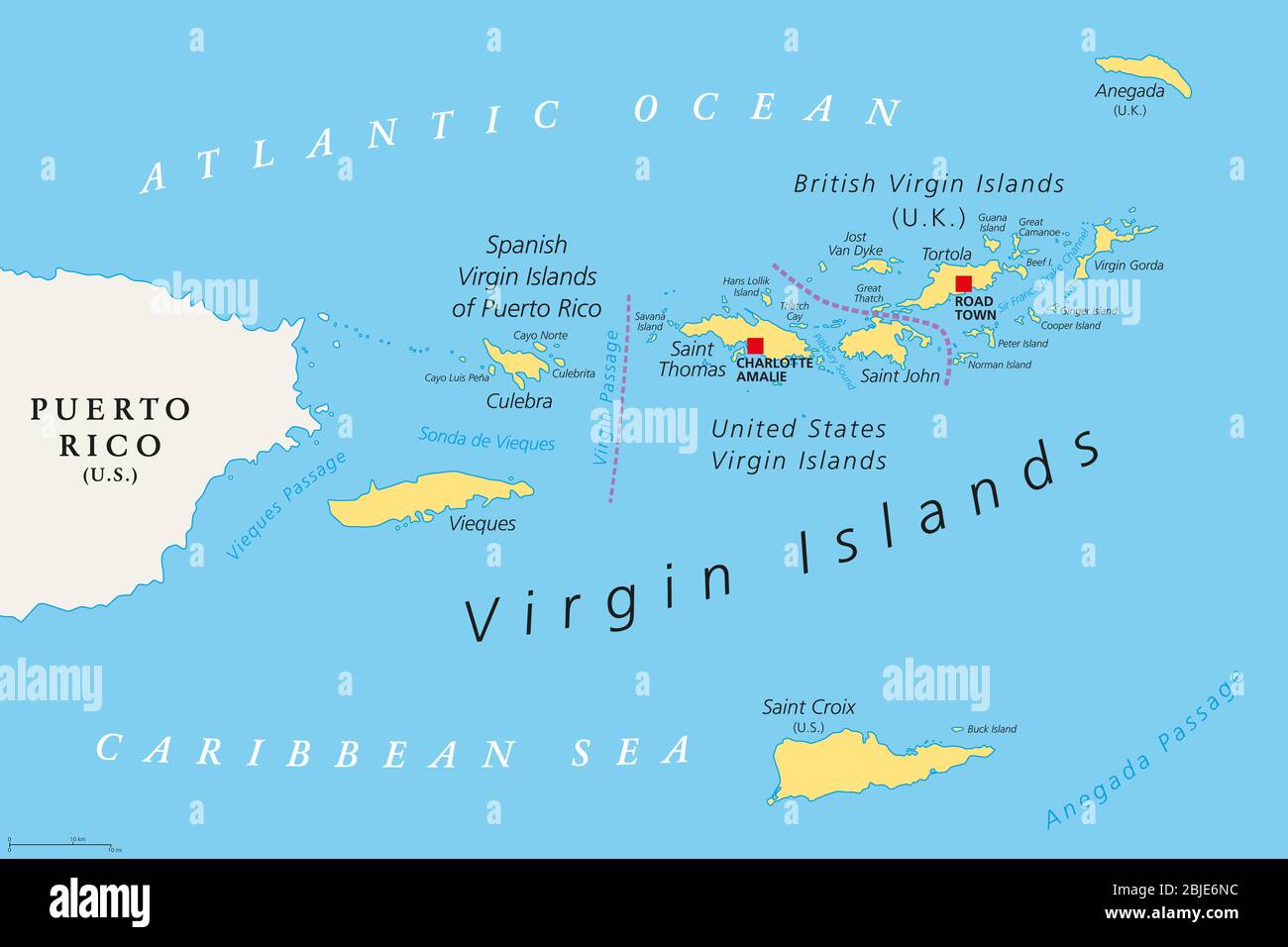 British, Spanish and United States Virgin Islands political map. Archipelago in the Caribbean Sea. Stock Photo