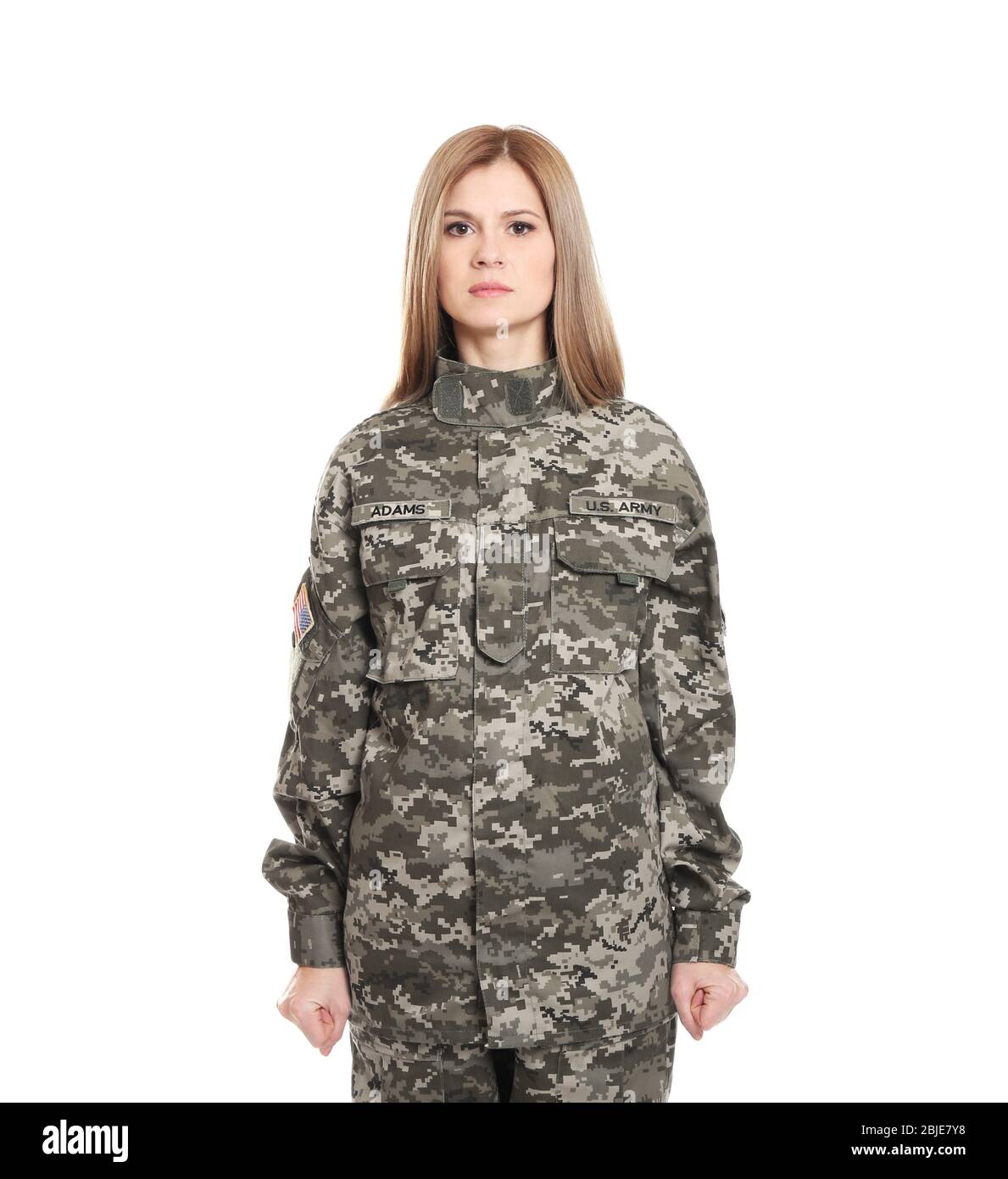 Pretty female soldier on white background Stock Photo - Alamy