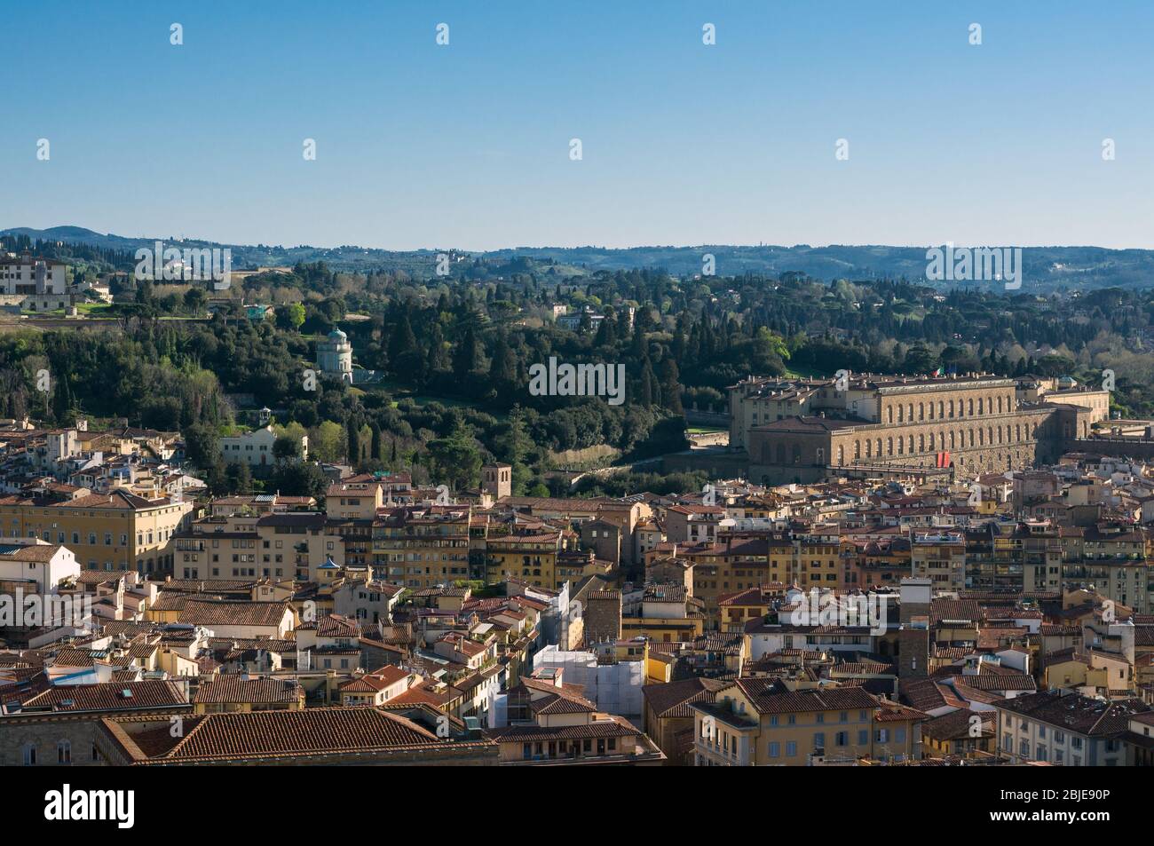The Palazzo Pitti (Pitti Palace) and Boboli Gardens. Aerial view from Giotto's Campanile. Florence, Tuscany, Italy. Stock Photo