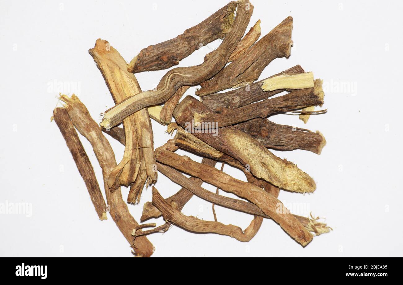 White background Liquorice or licorice or Mulethi is root of