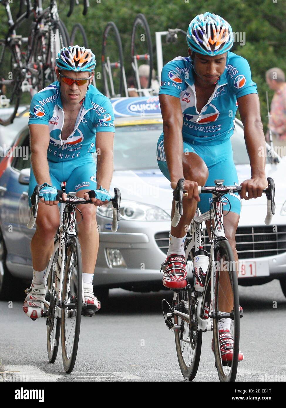 Rony Martias  and Franck Bouyer of BBOX Bouygues Telecom during the Championnat de France 2009,  cycling race, Saint Brieux on June 28, 2020 in Saint Brieux, France - Photo Laurent Lairys / DPPI Stock Photo