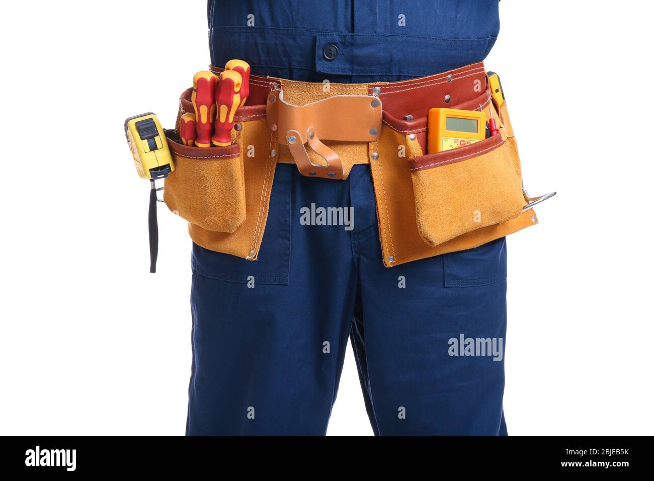 Electrician with special tools on white background, closeup Stock Photo