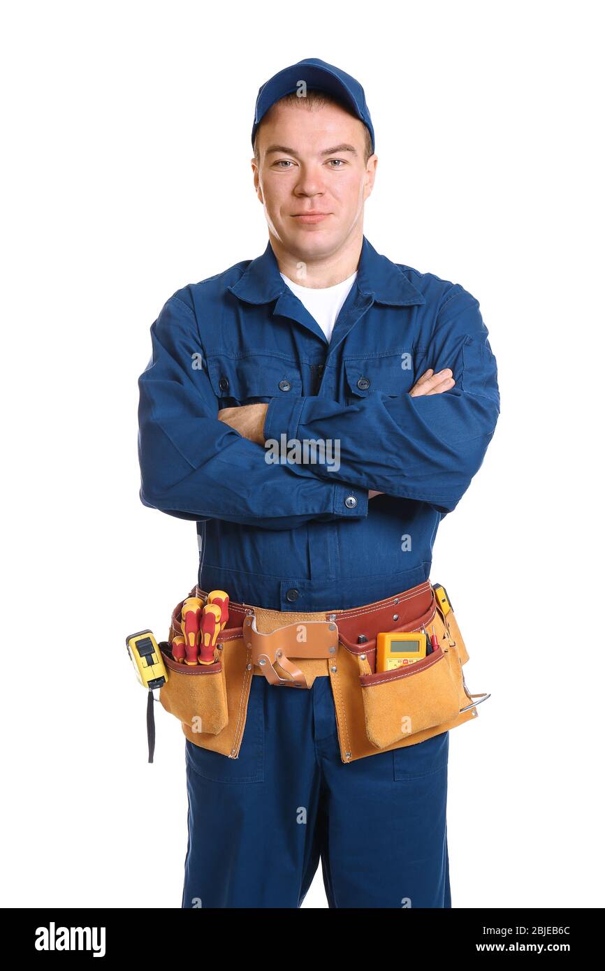 Electrician with special tools on white background Stock Photo