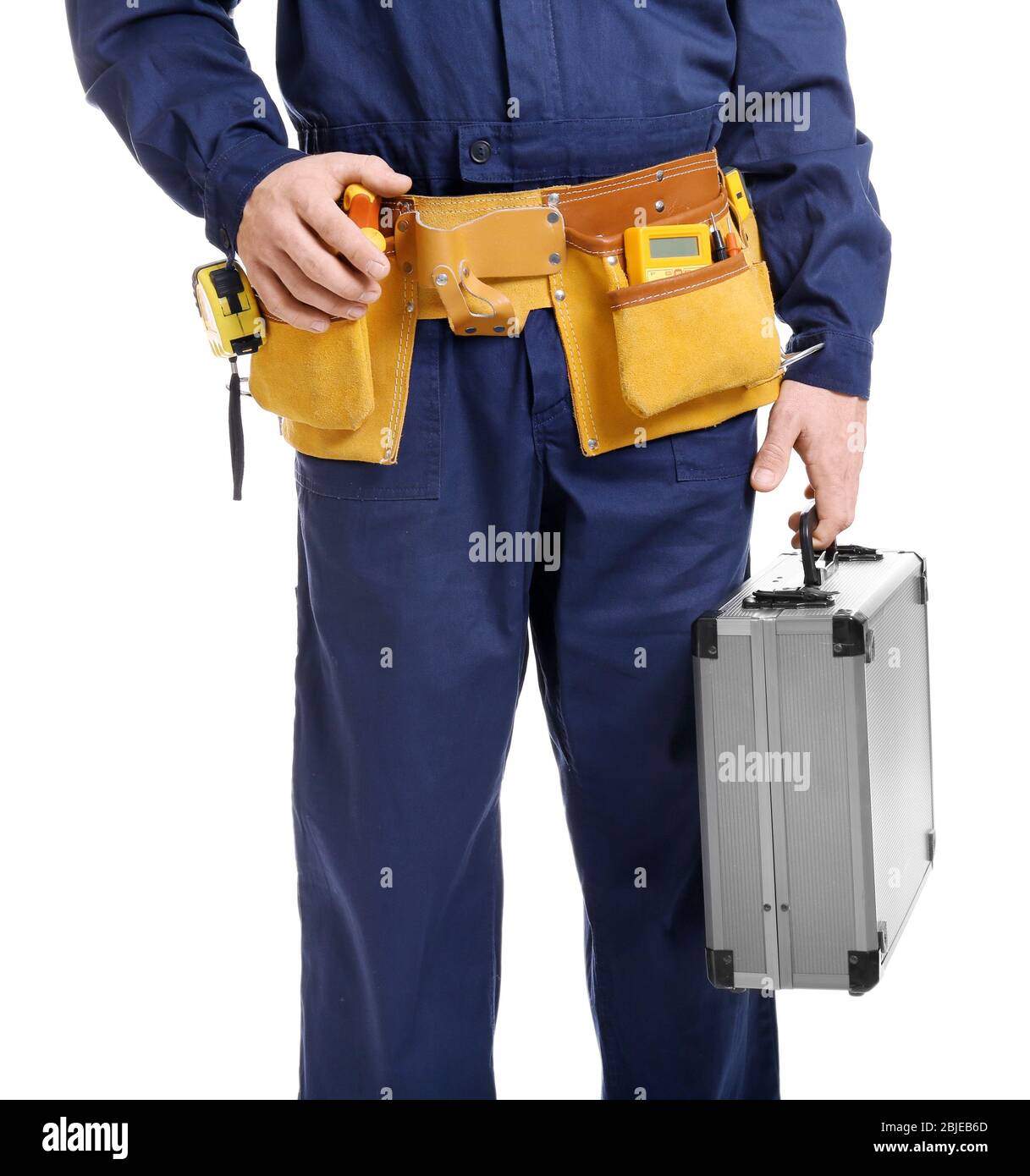Electrician with tool box on white background, closeup Stock Photo