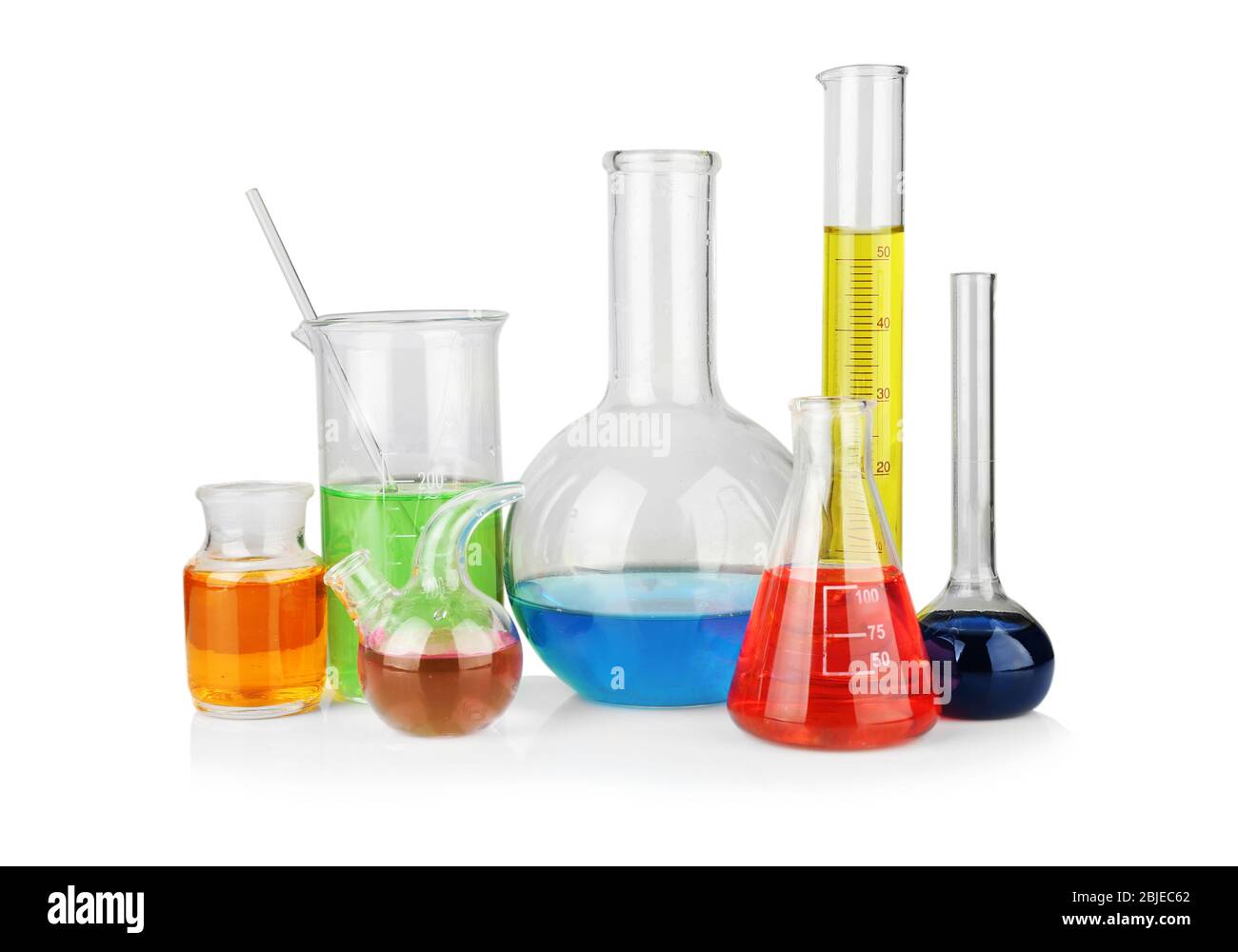 Chemical glassware with samples on white background Stock Photo Alamy