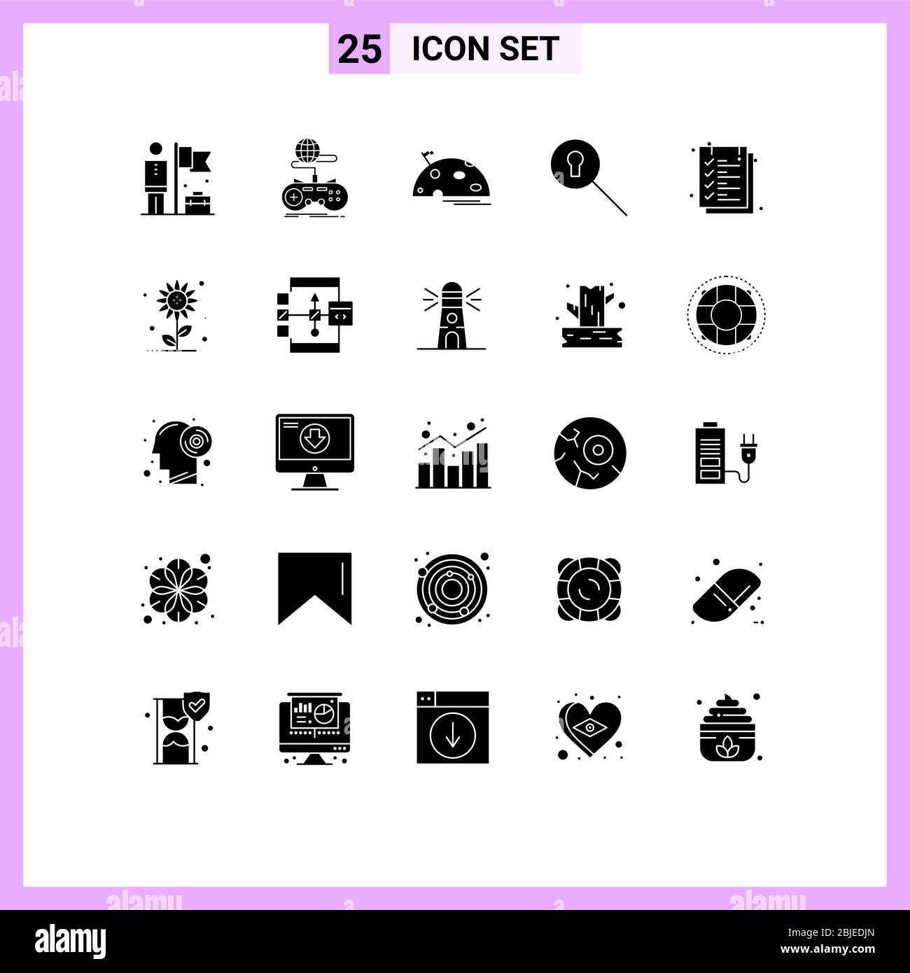 Modern Set of 25 Solid Glyphs and symbols such as document, search, online, keyhole, flag Editable Vector Design Elements Stock Vector