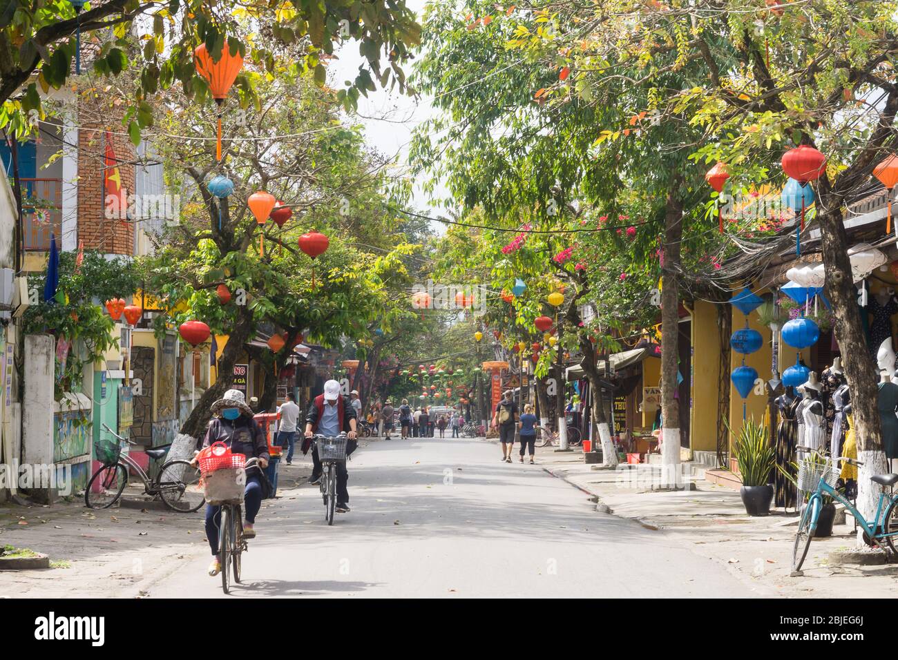 Vietnam Hoi An - Lantern decorated street in Hoi An ancient town, Vietnam, Southeast Asia. Stock Photo
