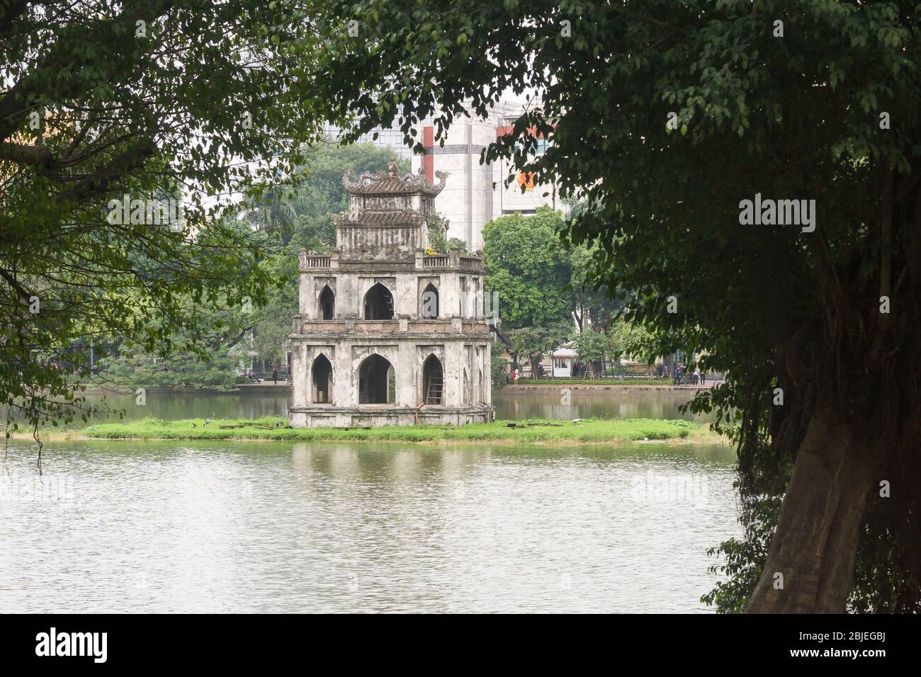 Hanoi Turtle Tower - Hoan Kiem Lake in Hanoi with Turtle Tower in the background. Vietnam, Southeast Asia. Stock Photo