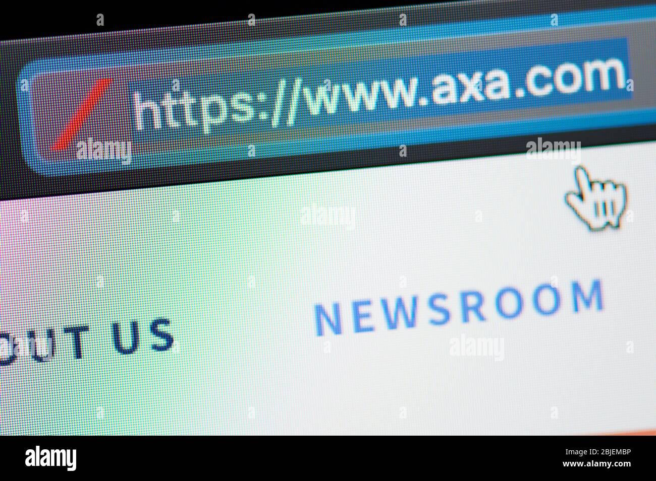 New-York , USA - April 29 , 2020: Axa url link adress website close up view on laptop screen Stock Photo