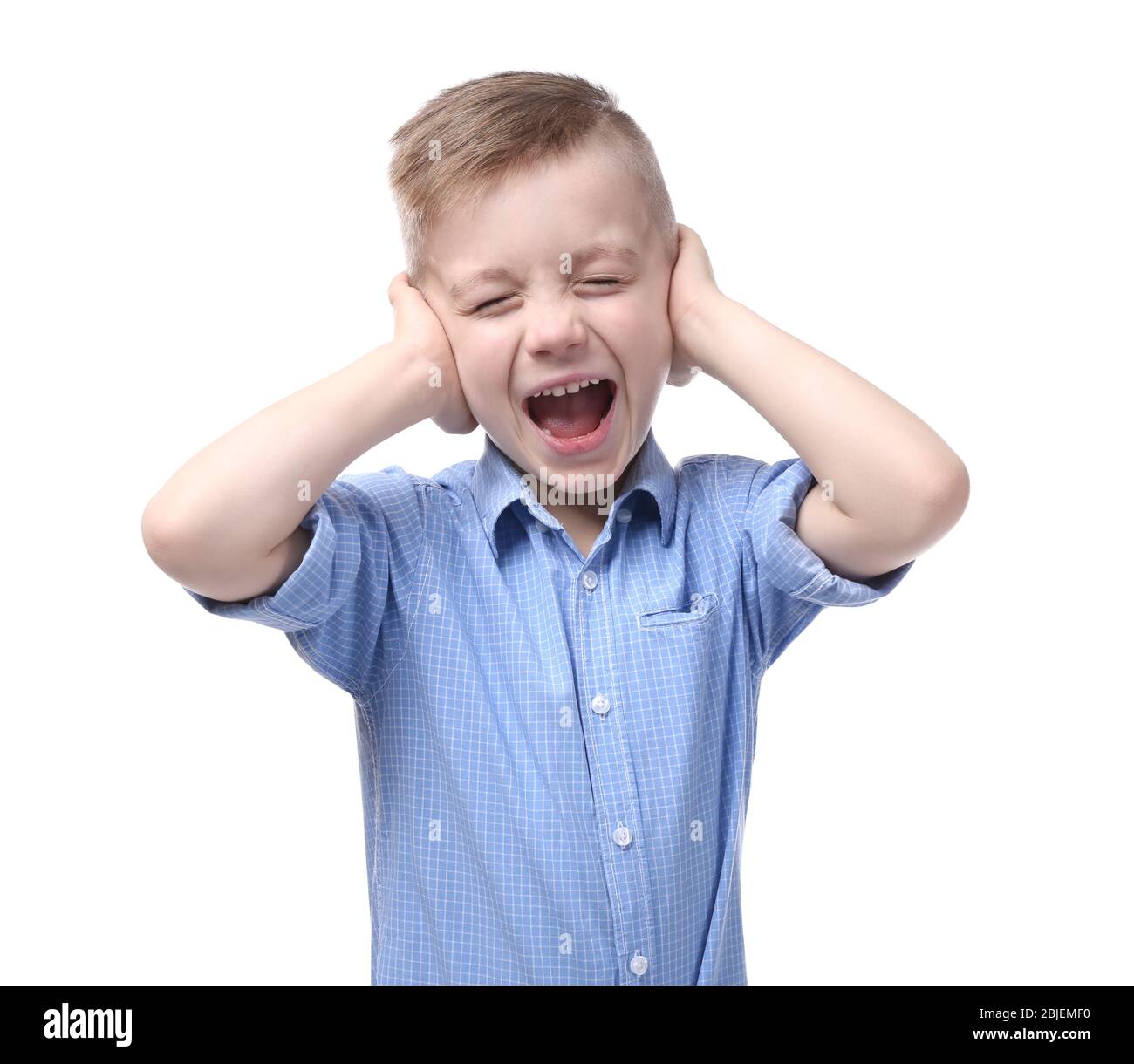 Cute little boy covering ears with hands, on white background Stock