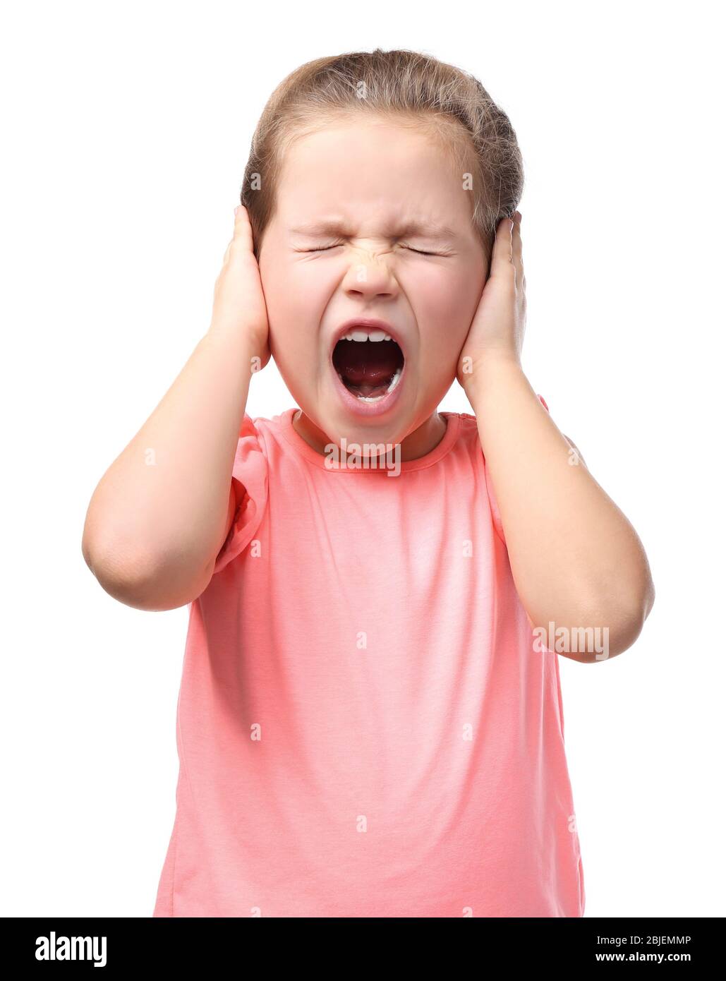 Cute little girl covering ears with hands, on white background Stock