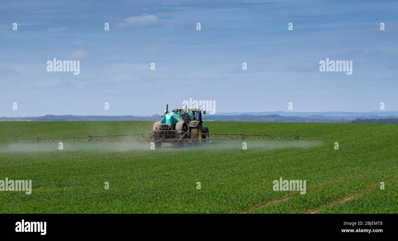 Spraying winter wheat crop in spring using a Berthoud trailed sprayer, pulled by a John Deere 6140R. Ripon, North Yorkshire, UK. Stock Photo