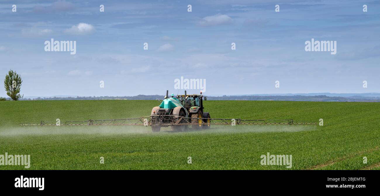 Spraying winter wheat crop in spring using a Berthoud trailed sprayer, pulled by a John Deere 6140R. Ripon, North Yorkshire, UK. Stock Photo