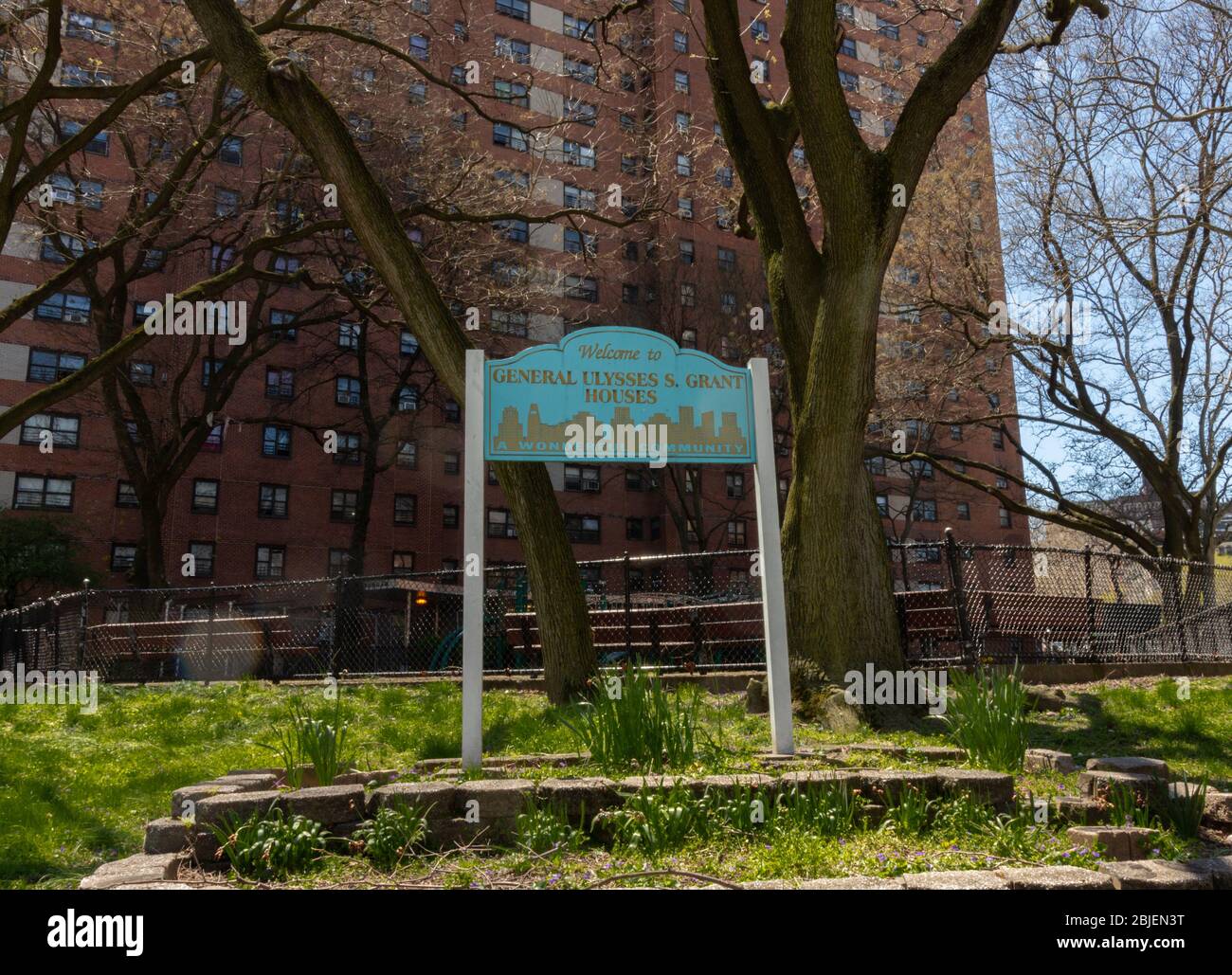 sign at the General Ulysses S. Grant Houses public housing project in Harlem has written at the bottom 'a wonderful community' Stock Photo