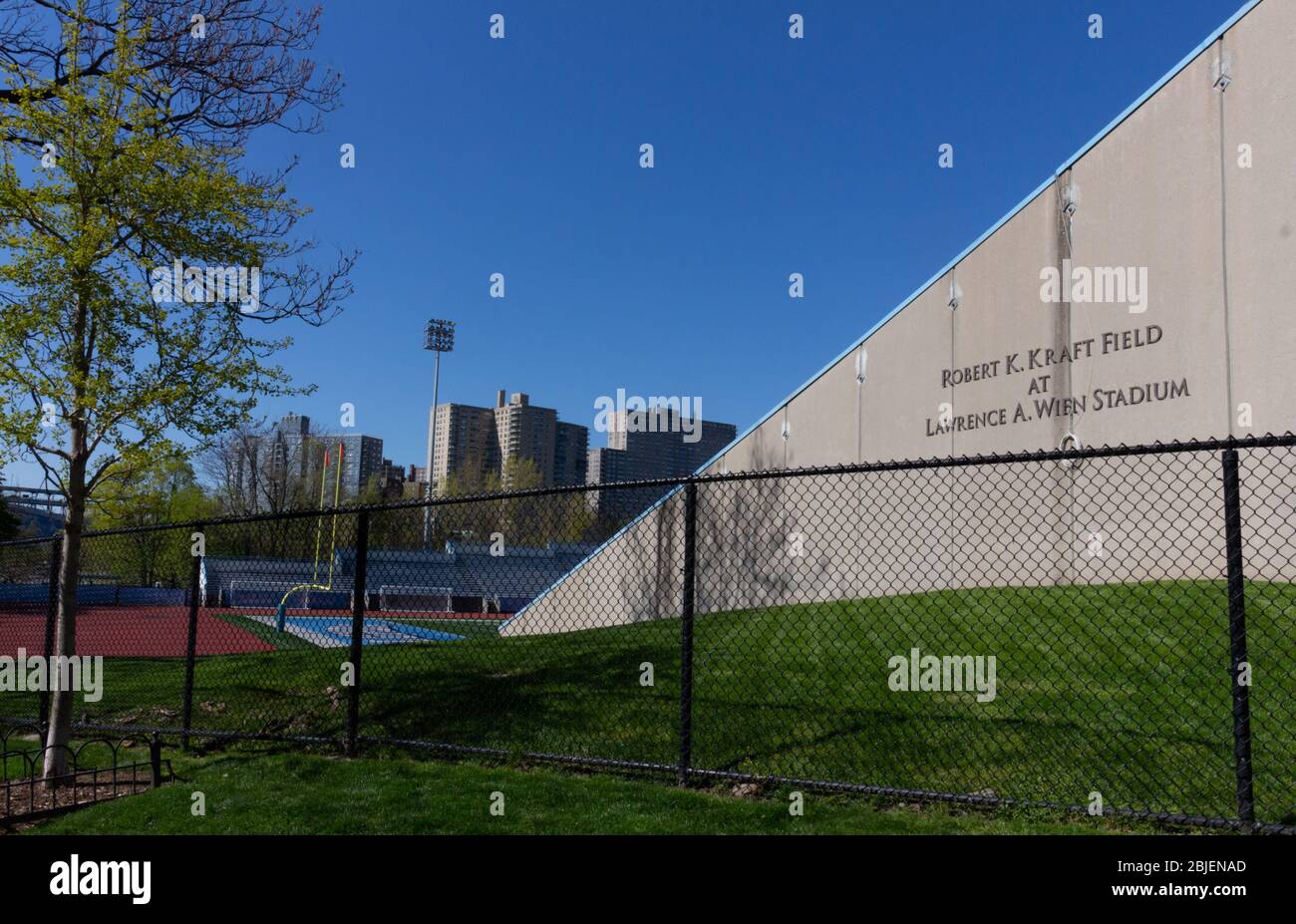 view outside the Robert K. Kraft Field at Lawrence A. Wien Stadium, a part of the Baker Athletics Complex belonging to Columbia University in Inwood Stock Photo