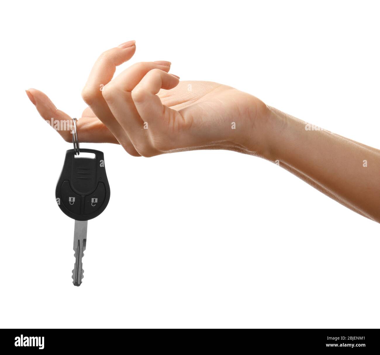 Female hand holding car keys on white background Stock Photo Alamy