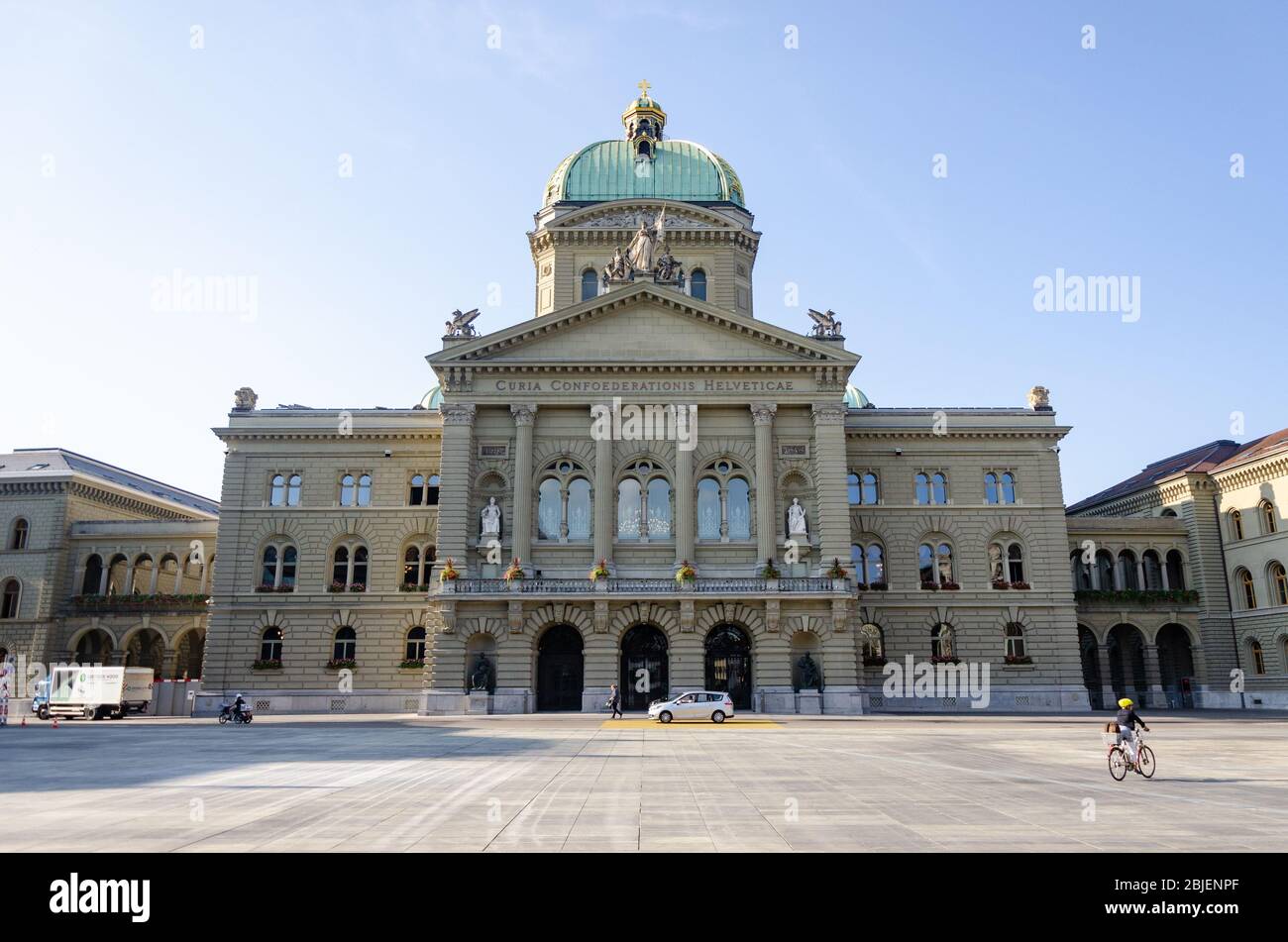 North Facade view of pediment and dome of Federal Palace of Switzerland building as seen from Bundesplatz, Bern, Switzerland Stock Photo