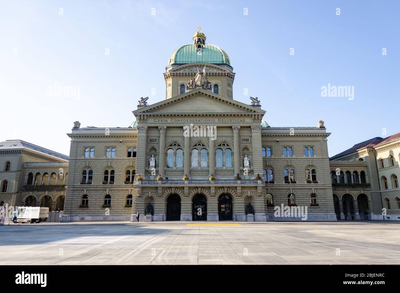 North Facade view of pediment and dome of Federal Palace of Switzerland building as seen from Bundesplatz, Bern, Switzerland Stock Photo