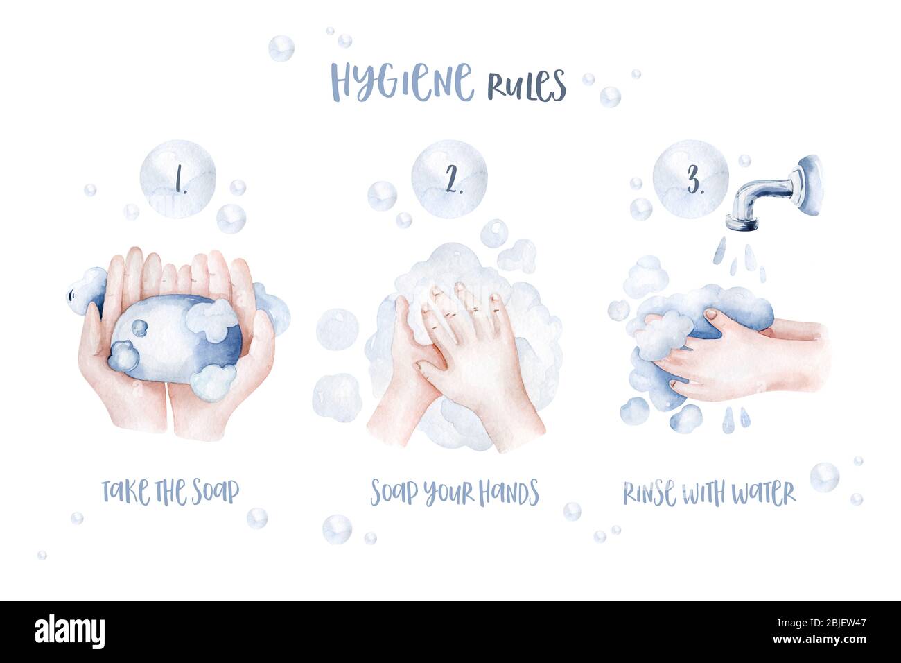 Wash your hand kids poster watercolor illustration with cat paws. hand drawing. hand washing. Drawing in cartoon style. Personal hygiene. Stock Photo