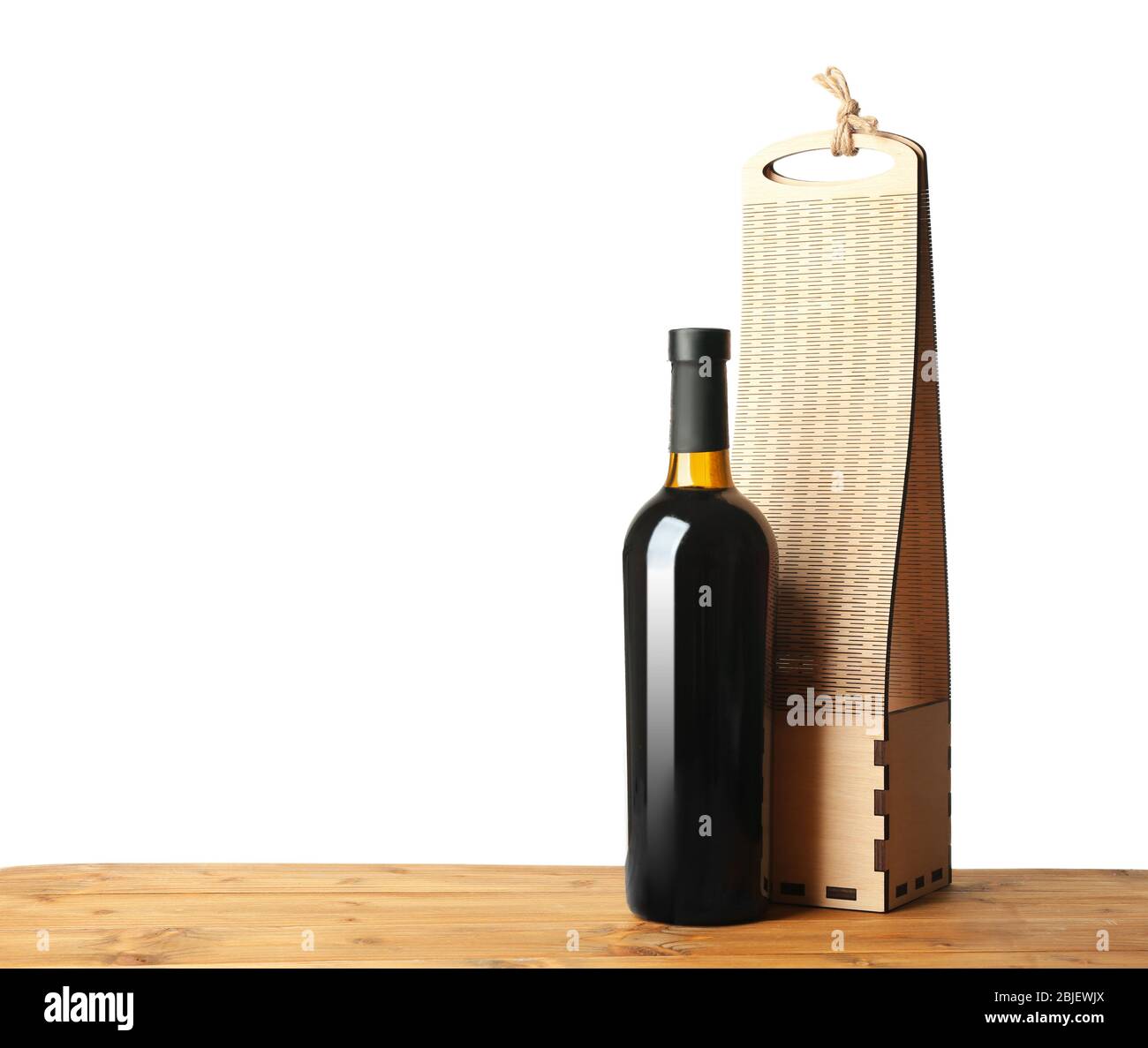 Box File Preview Table with wine bottle and gift box on white background Stock Photo - Alamy