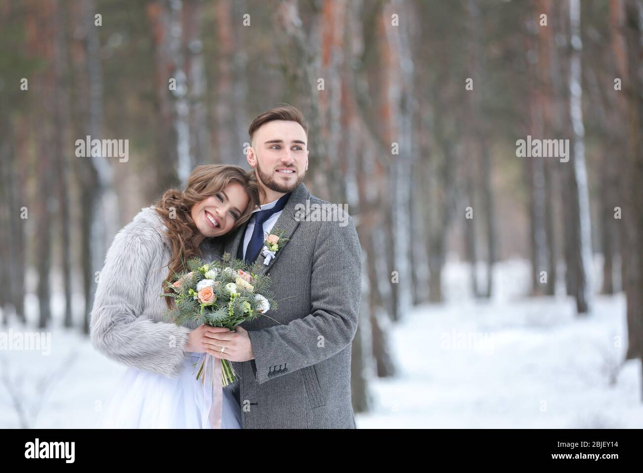 Happy wedding couple outdoors on winter day Stock Photo - Alamy