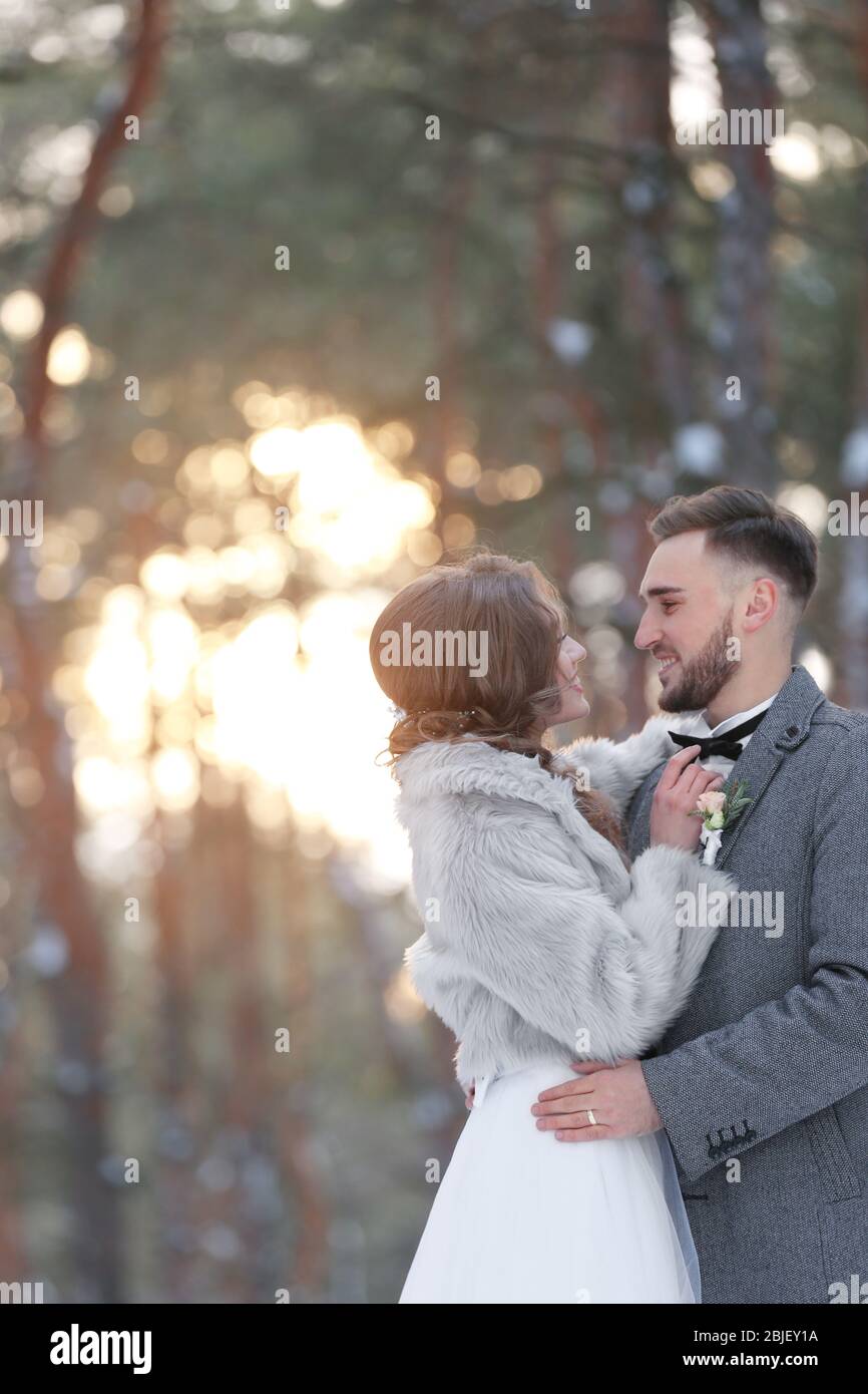 Happy wedding couple outdoors on winter day Stock Photo - Alamy