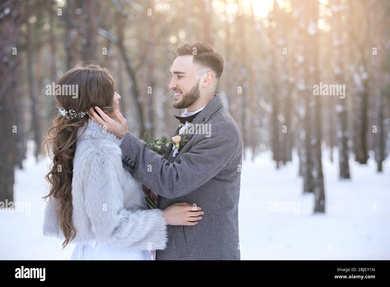 Happy wedding couple outdoors on winter day Stock Photo - Alamy