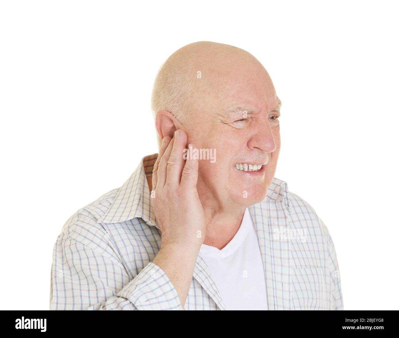 Mature man suffering from pain on white background Stock Photo - Alamy