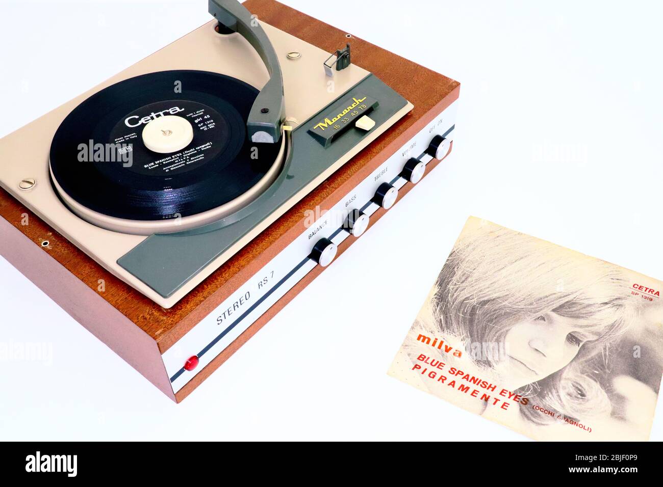 MILVA, Blue Spanish Eyes and Pigramente, 1966 Vinyl Record CETRA Label on 1966 MONARCH Record Player Stock Photo