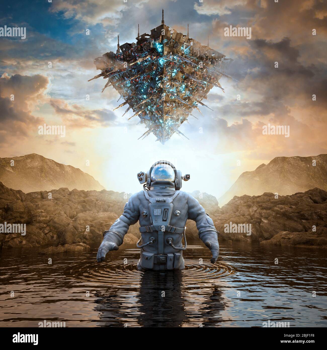 Planet of the ancients / 3D illustration of science fiction scene with astronaut encountering giant space ship on alien world Stock Photo