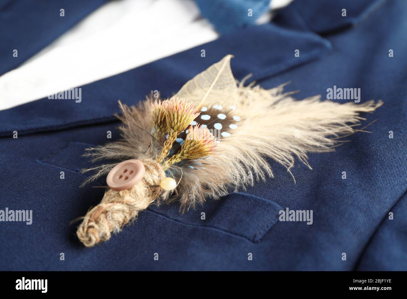 Beautiful boutonniere with feather on suit for groom, closeup Stock ...